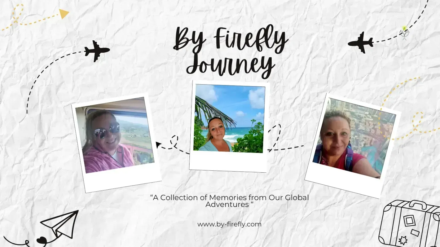 Collage of three travel photos of a smiling woman in an airplane, on a tropical beach and above a city skyline. Title By Firefly Journey with doodles of airplanes and paper planes, representing global travel memories.