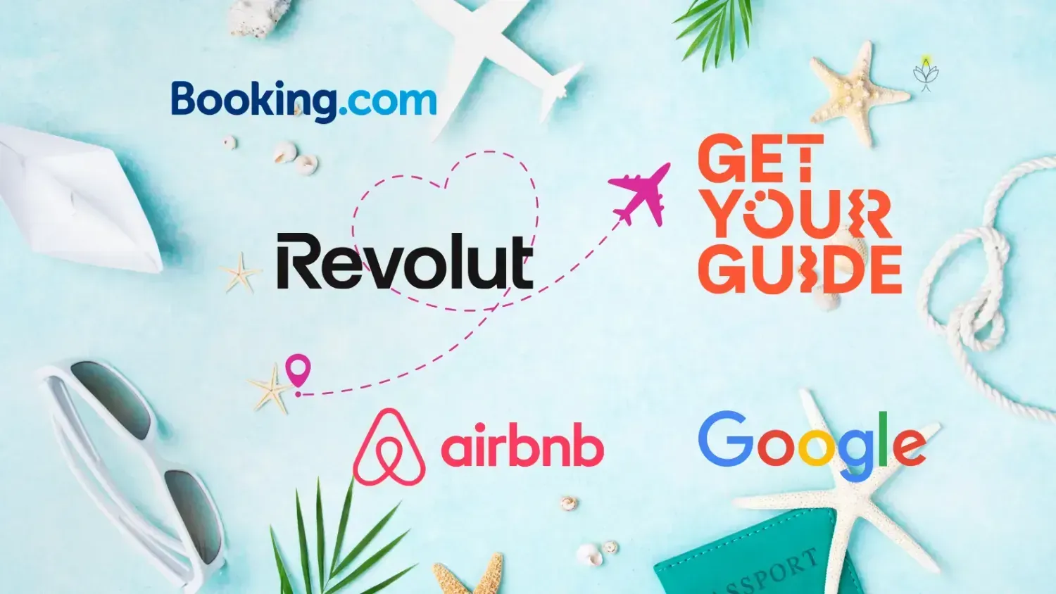 Flat lay illustration with logos of Booking.com, Revolut, GetYourGuide, Airbnb and Google on a turquoise beach background with sunglasses, seashells, starfish and a passport. Concept of essential travel apps and booking tools.