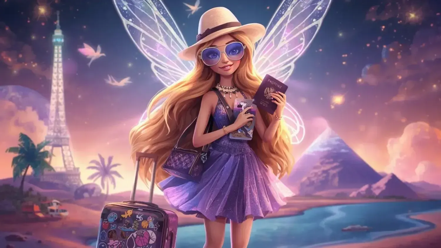 Magical firefly traveler fairy with glowing wings, wearing a violet dress, sun hat and sunglasses, holding a passport and suitcase decorated with travel stickers. Background with Eiffel Tower, pyramids and tropical beach, symbolizing global adventures.