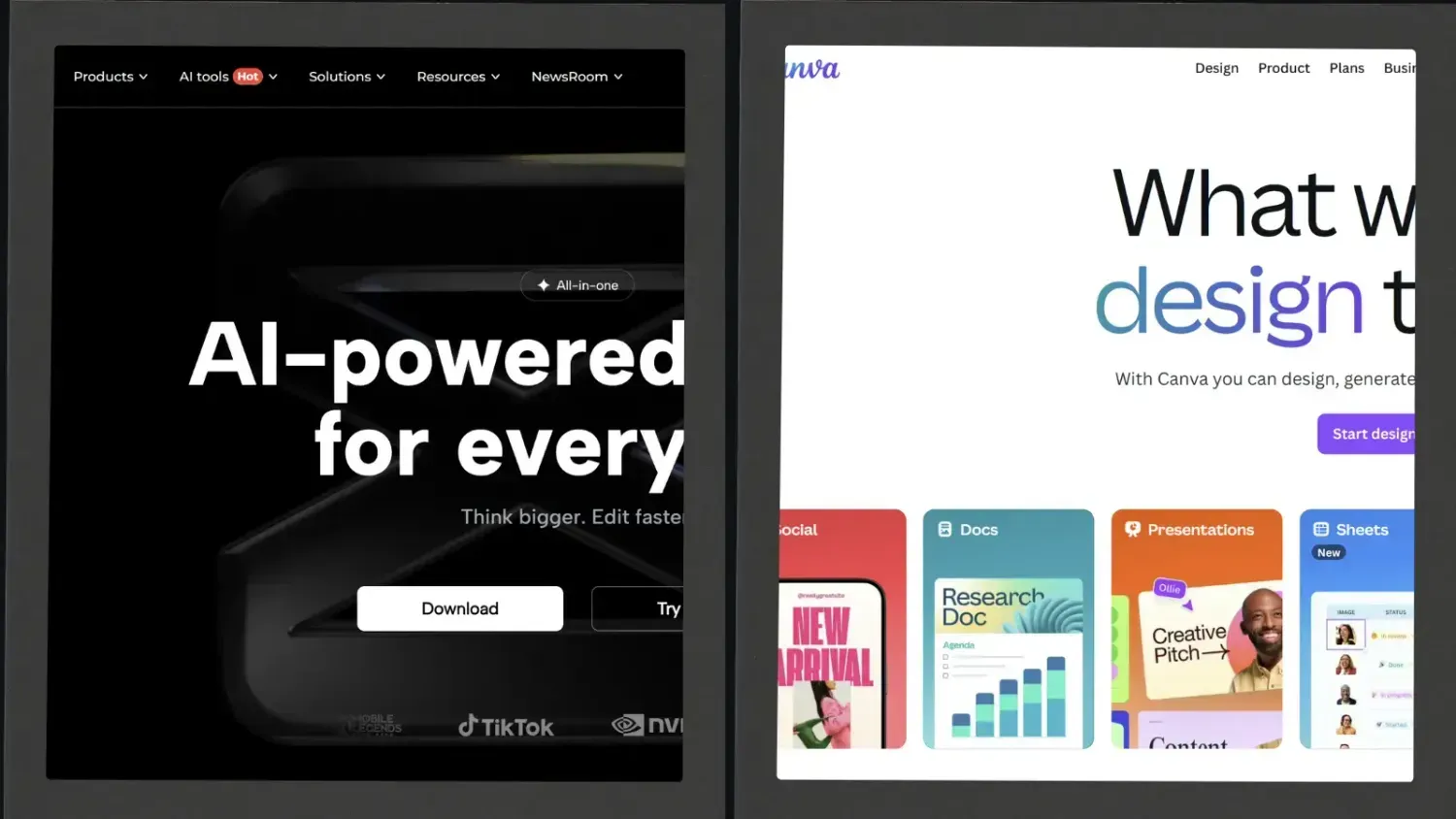 Comparison of Canva and CapCut home screens showing how creators shift from paid ads to organic growth using both apps