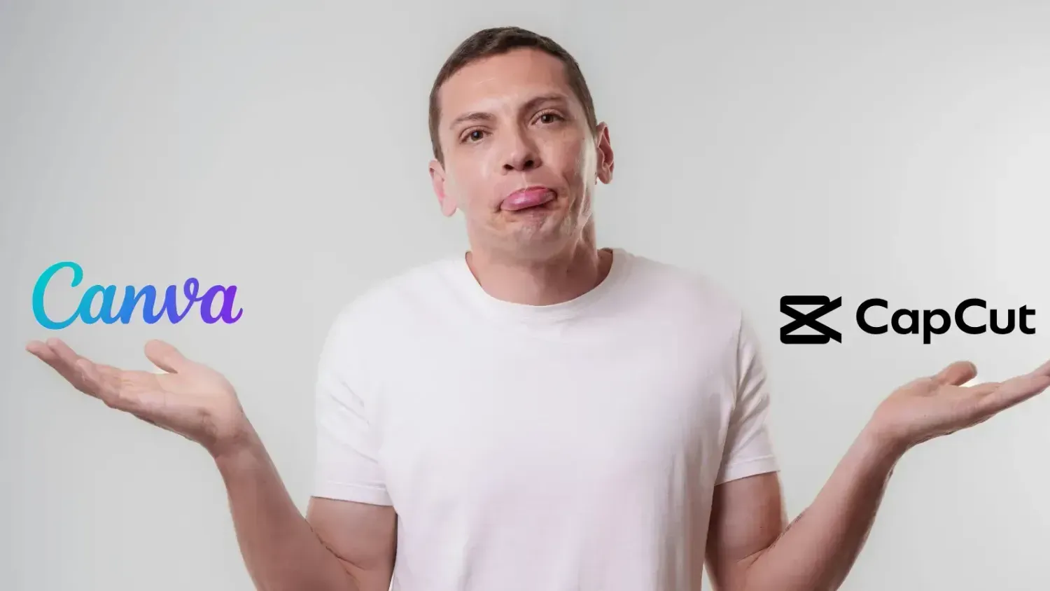 Man comparing Canva and CapCut for creating first Reels, looking confused about which app to choose for video editing