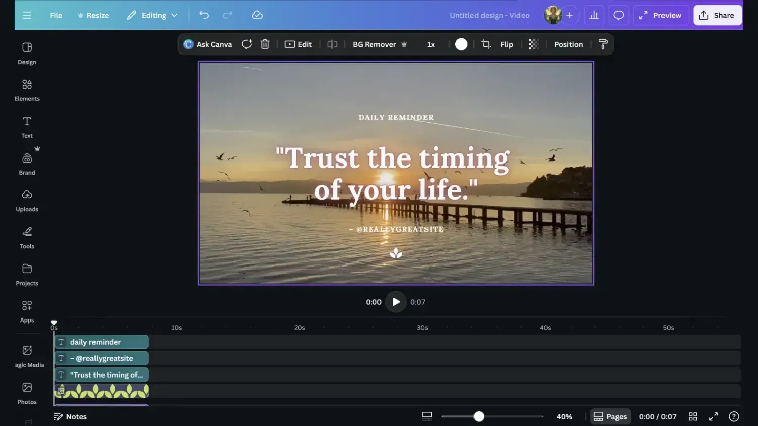 Canva video editor showing simple design tools for creating social media Reels easily