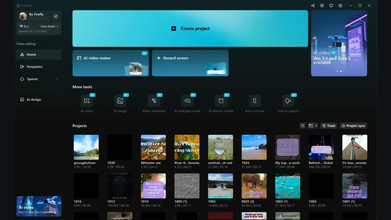 CapCut AI video editing interface showing trending tools for creating viral Reels