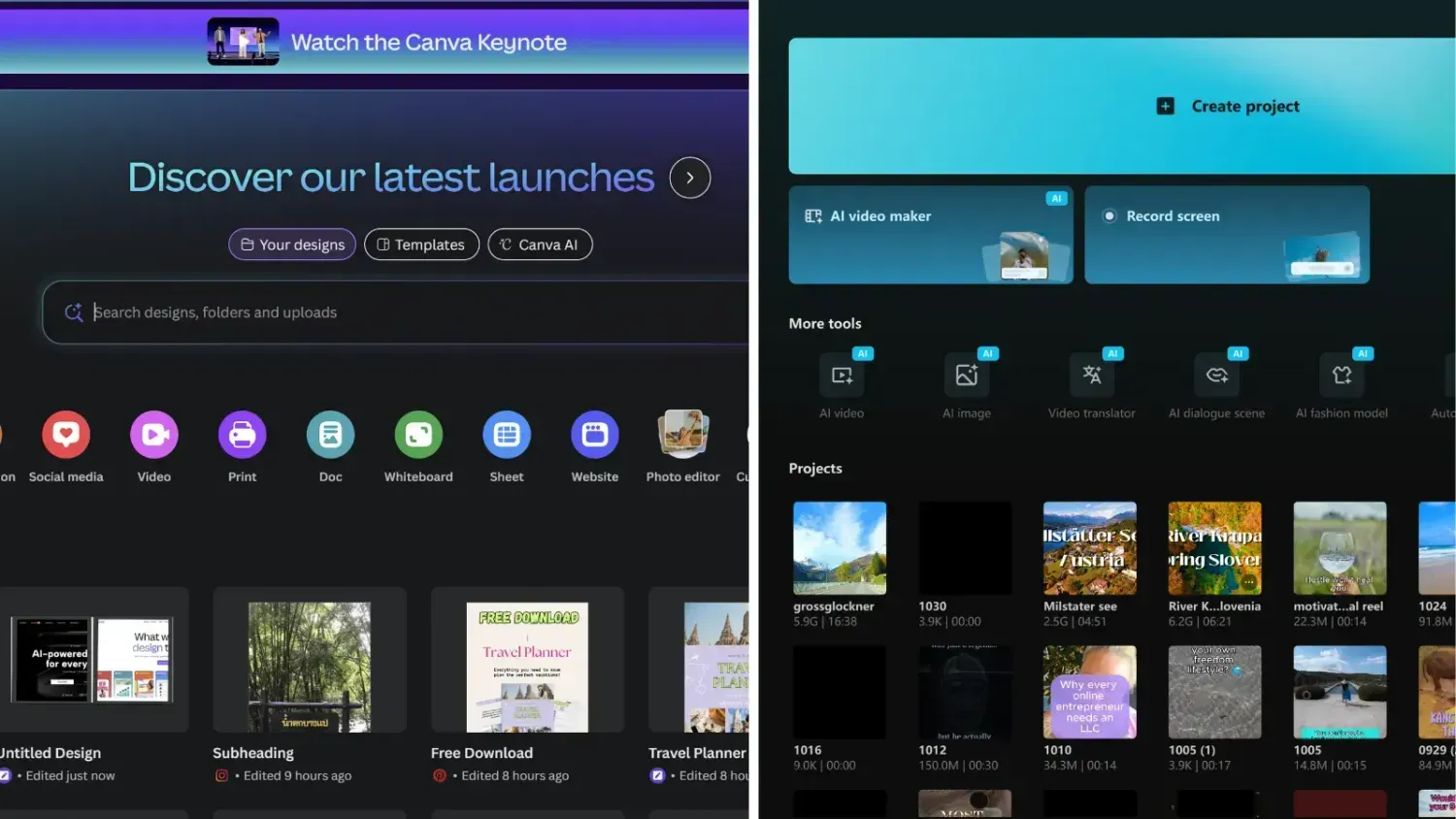 Side-by-side comparison of Canva and CapCut dashboards highlighting key features for video editing and Reels creation
