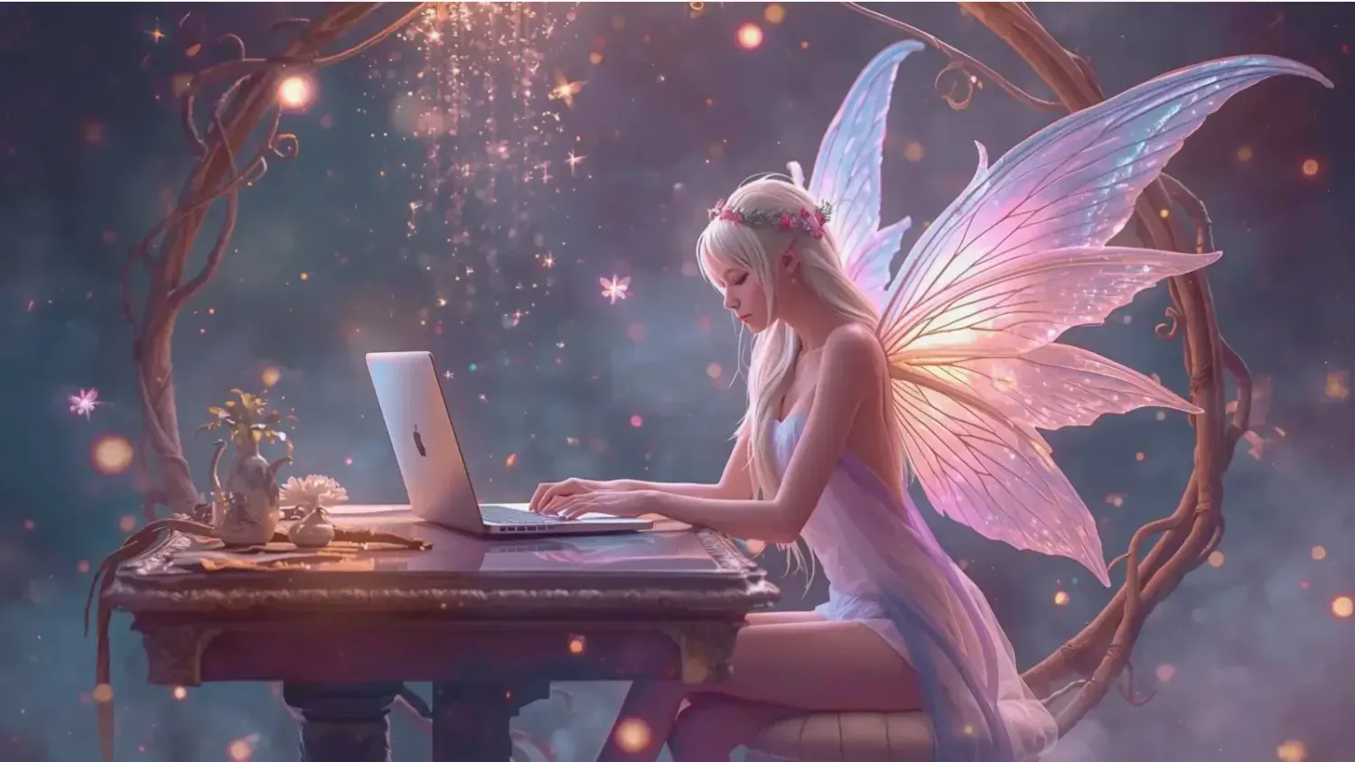 Ethereal fairy woman with glowing wings working on a laptop surrounded by fireflies, symbolizing Firefly’s creative workflow and inspiration for digital creators
