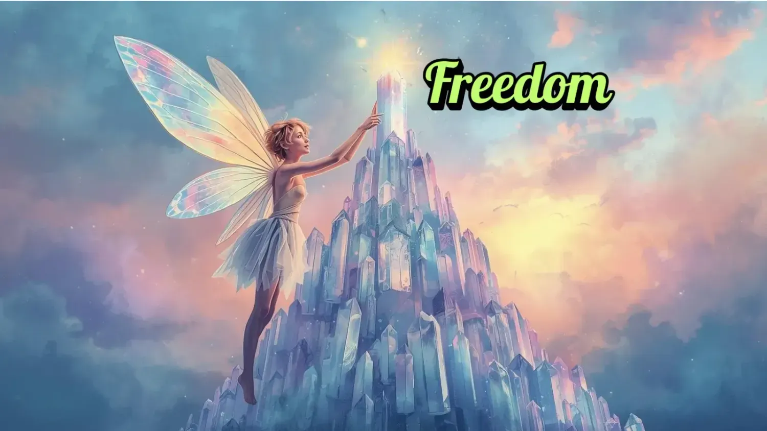 fantasy art of a fairy with crystal wings climbing toward a glowing tower of light, representing transformation, freedom, and manifesting your dream life — Firefly brand aesthetic.