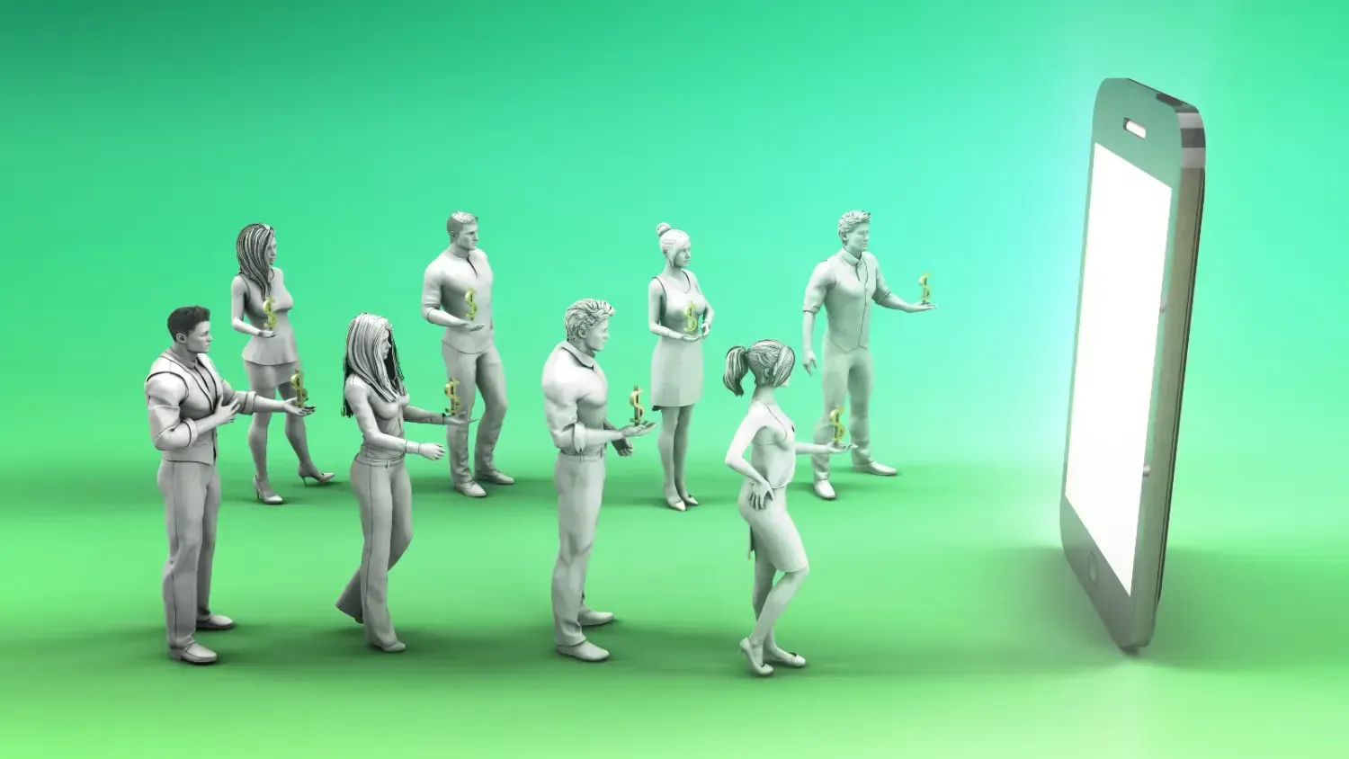 3D people holding dollar symbols while facing a giant smartphone — symbol of digital business, online income, monetization, and expanding your Freedom Lifestyle through the internet.