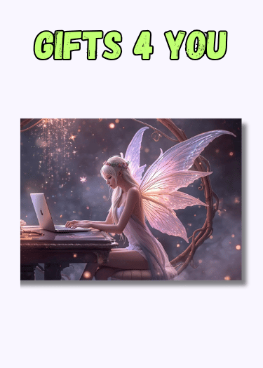 Fairy working on laptop in magical glowing environment representing free digital gifts