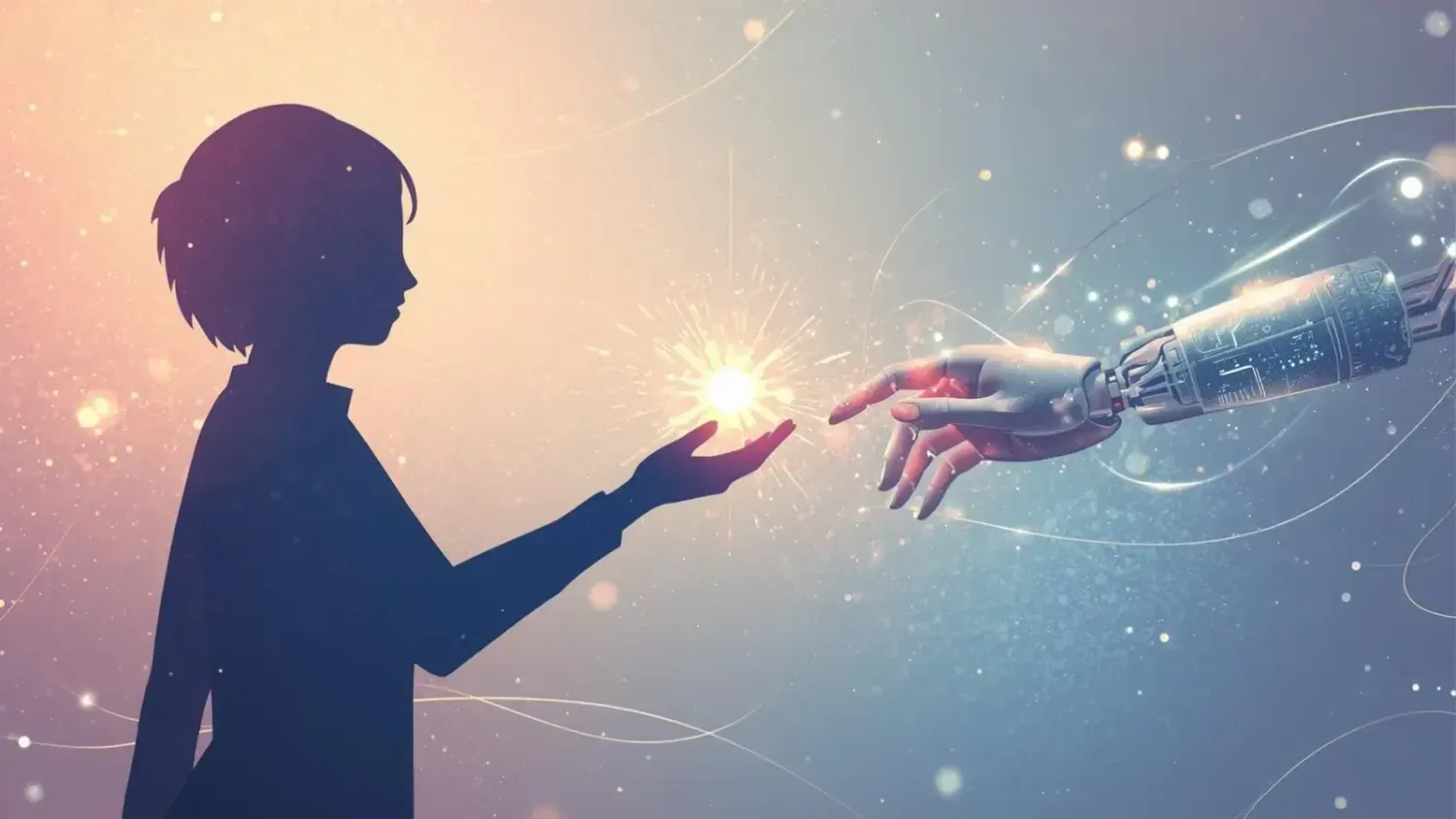 Silhouette of a creative woman (Alenka) exchanging a glowing light orb with a robotic hand, symbolizing a human-AI partnership for online business and digital creativity.