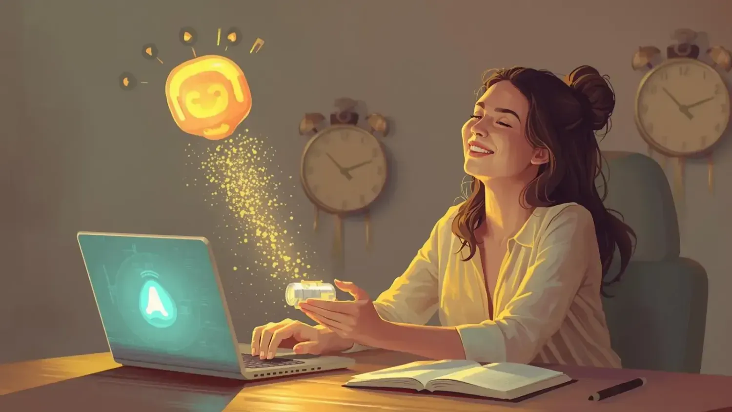A smiling woman (Alenka) happily typing on a laptop, with golden sparkles (ideas, efficiency) emanating from the keyboard. An AI brain icon is on the laptop, and clocks on the wall symbolize time saved. Represents using AI for content creation and productivity.