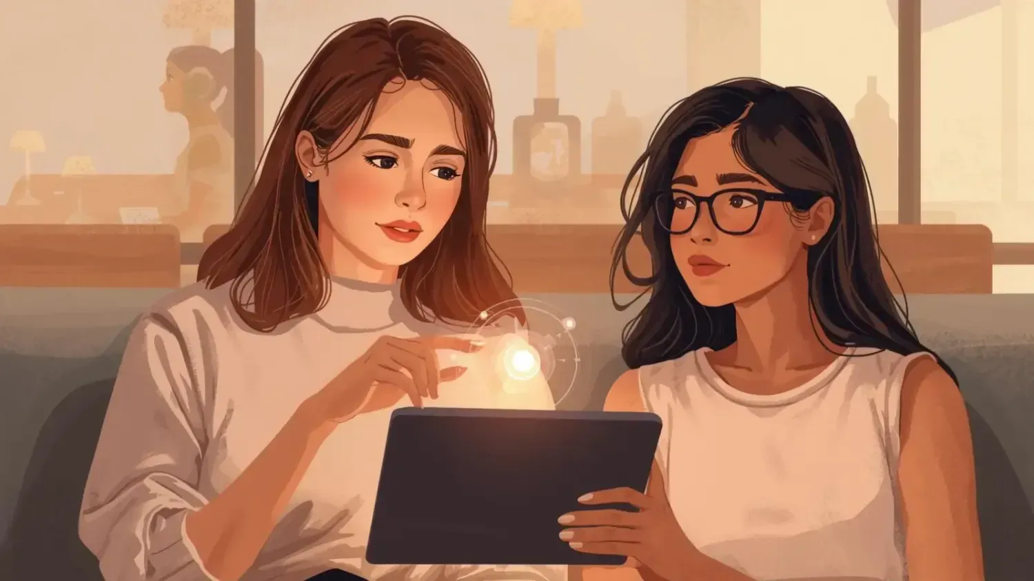 Women collaborating on a digital project using Canva on a tablet – creative entrepreneurship and online business lifestyle inspiration by Firefly.
