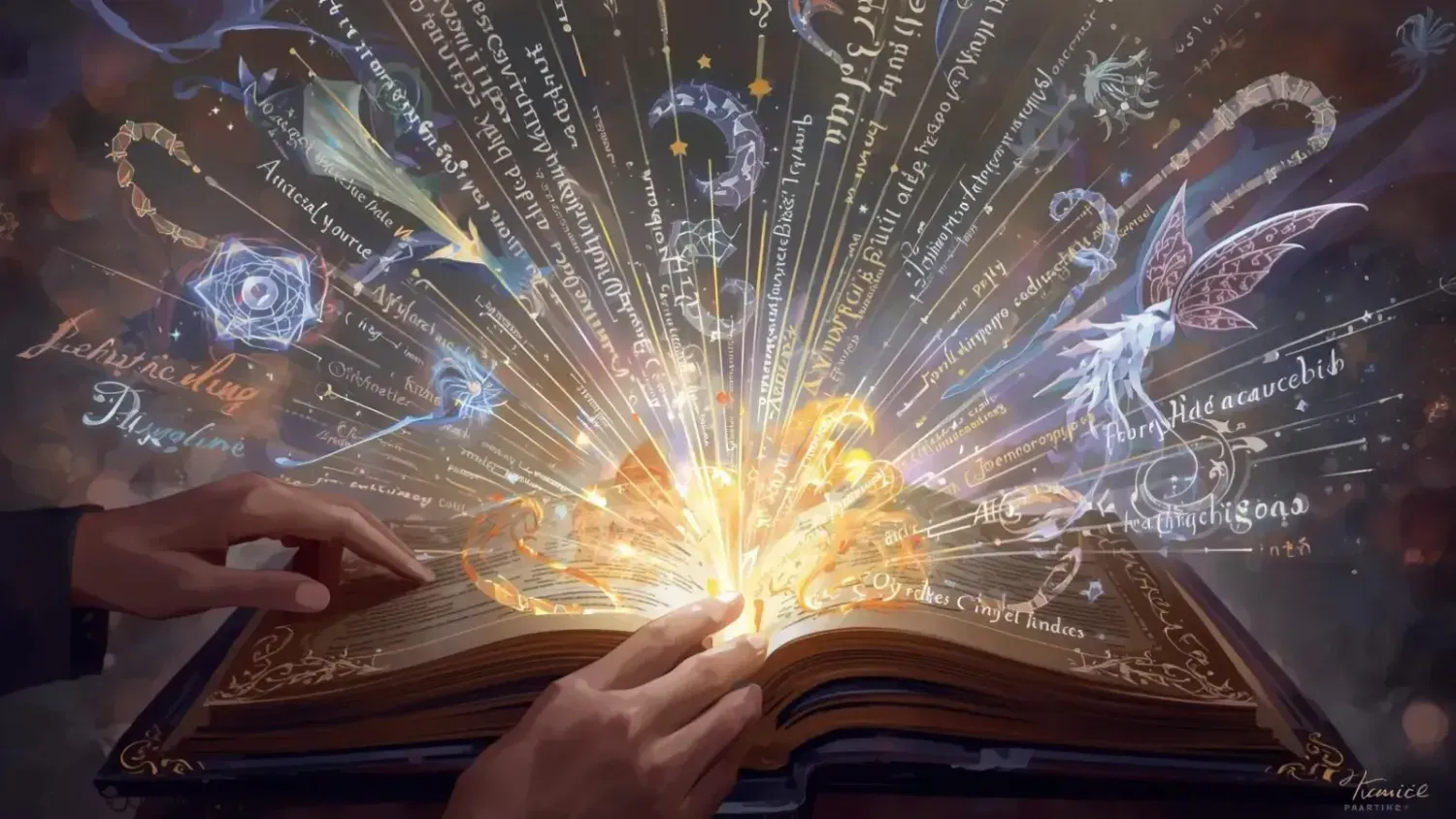 An enchanting illustration of a magical spellbook (representing an AI prompt pack) open with glowing, intricate text and mythical creatures (like fairies) emerging, symbolizing the power of AI prompts for creative work and digital products.