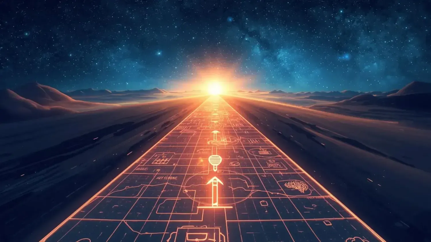 An illuminated roadmap or blueprint stretching into the distance towards a rising sun under a starry sky, representing a clear path to online business success and creative freedom. Ideal for an AI business guide.