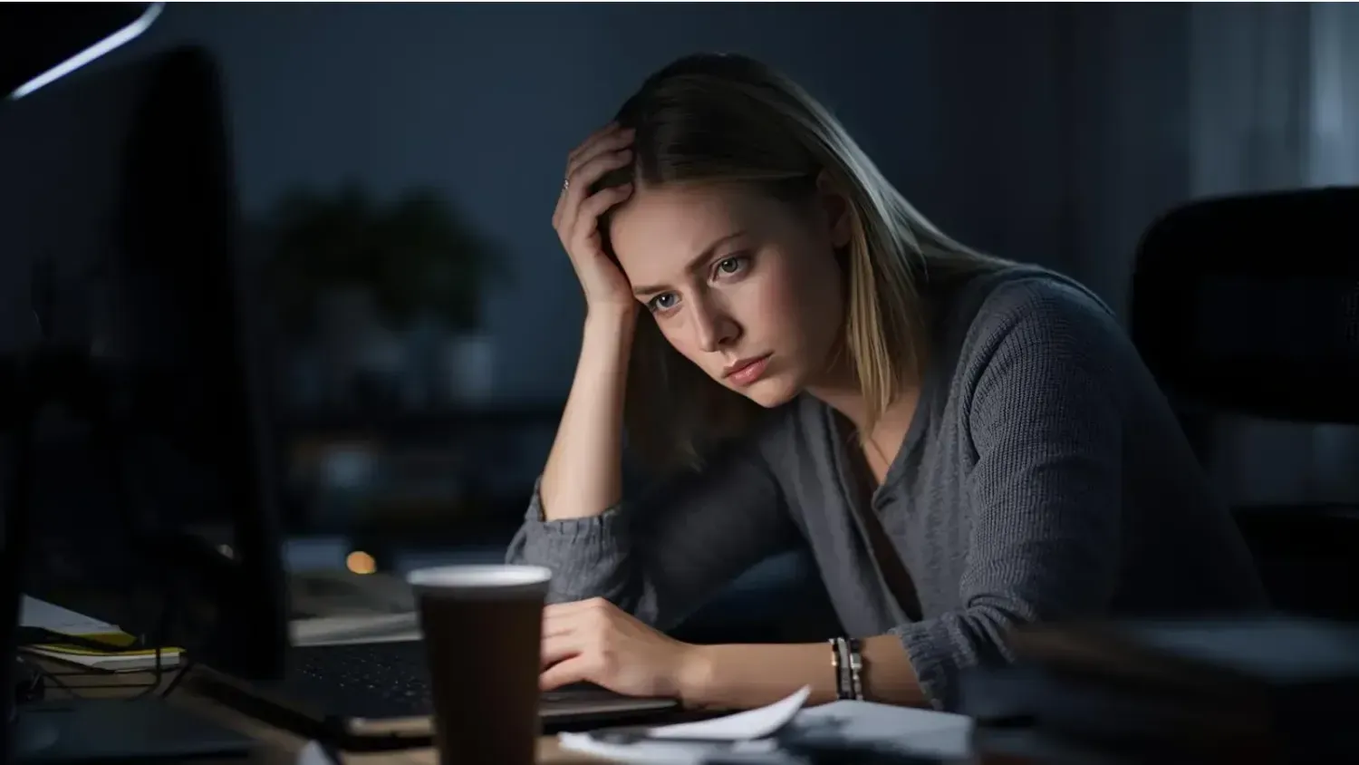 Tired woman working late on her laptop, feeling overwhelmed during her online business journey.