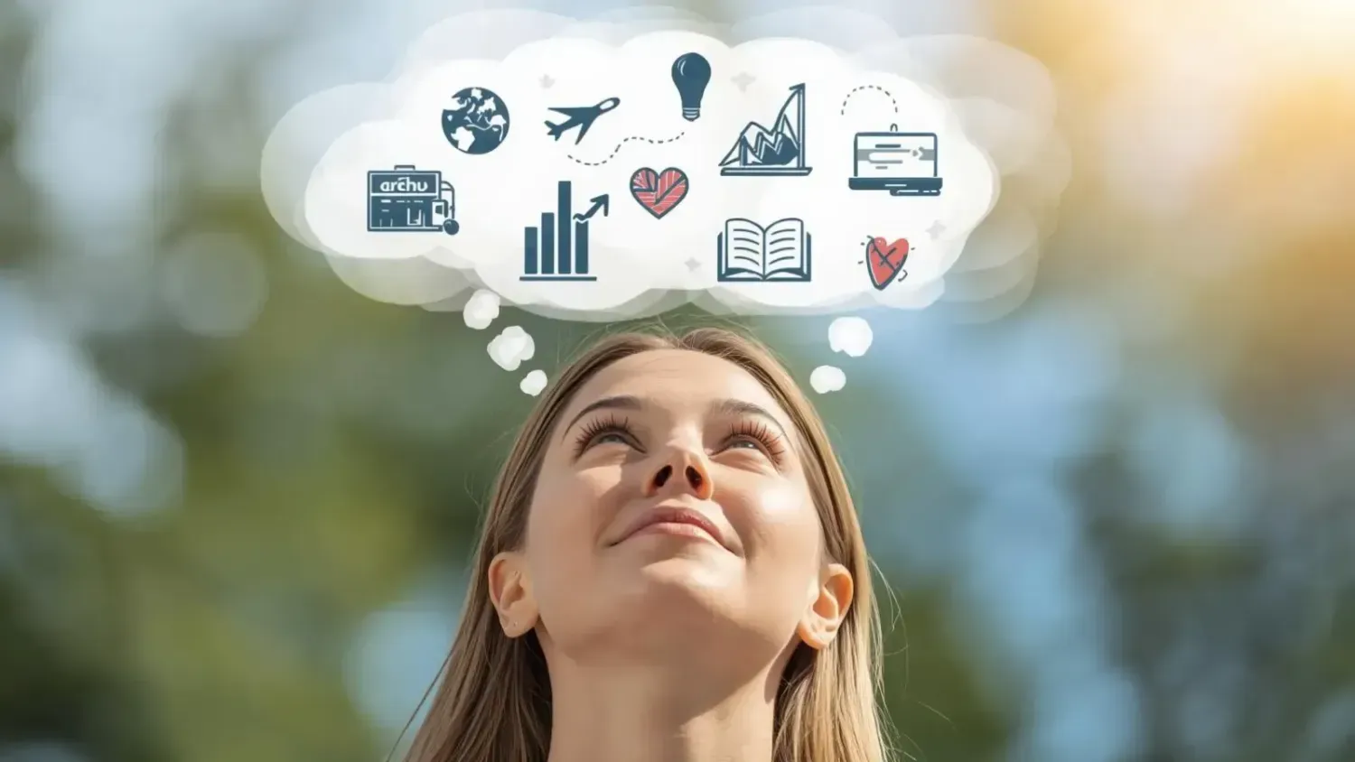Woman looking up with a thought bubble full of goals and dreams, remembering why she started her online business journey.