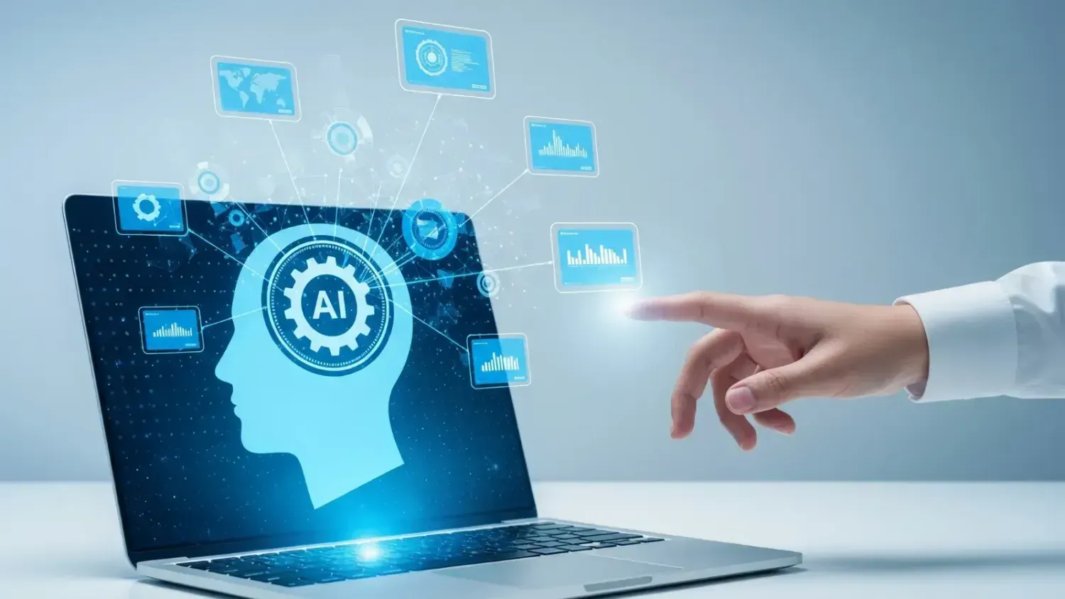 AI technology visualized on a laptop screen, symbolizing using artificial intelligence as a supportive business tool.