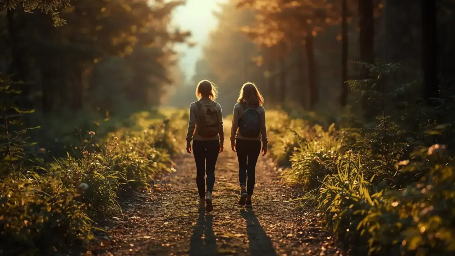 Two women walking down a forest path at sunset, symbolizing guidance and learning from those with experience.
