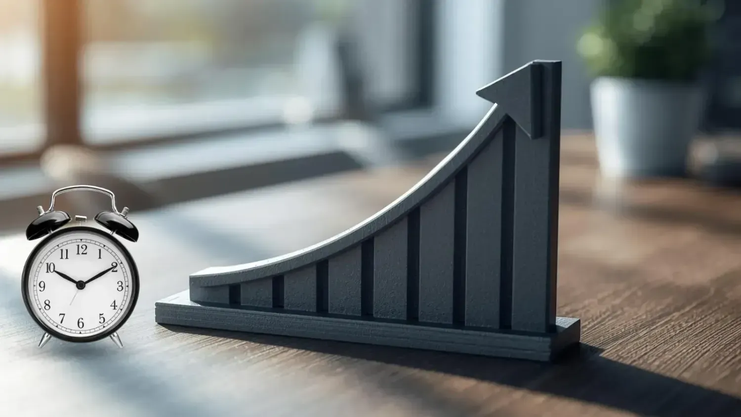 Growth chart with an upward arrow next to a clock, symbolizing that business growth takes time and consistency.