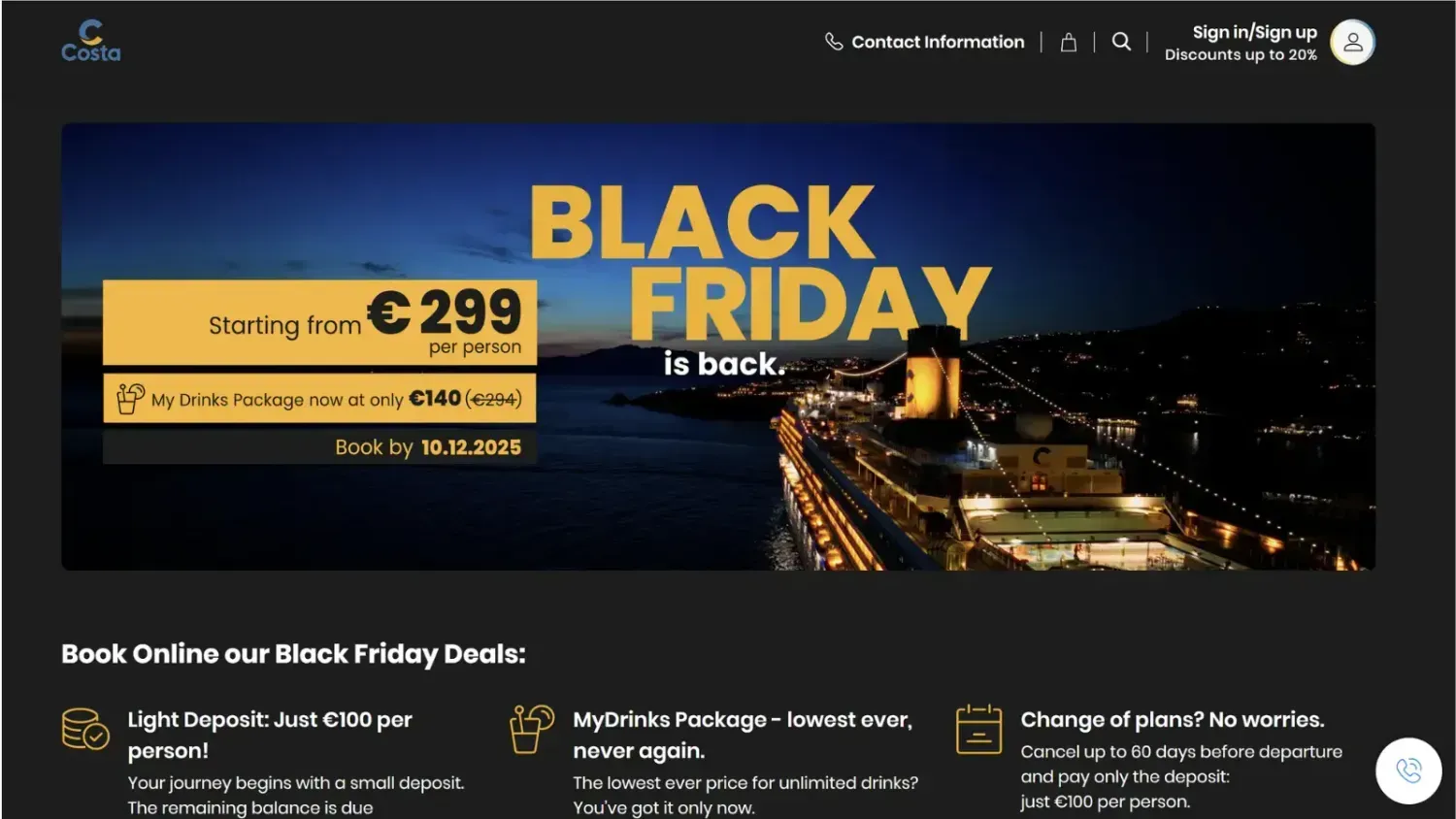 Costa Cruises Black Friday offer with cruise ship at night and price starting from 299 euros