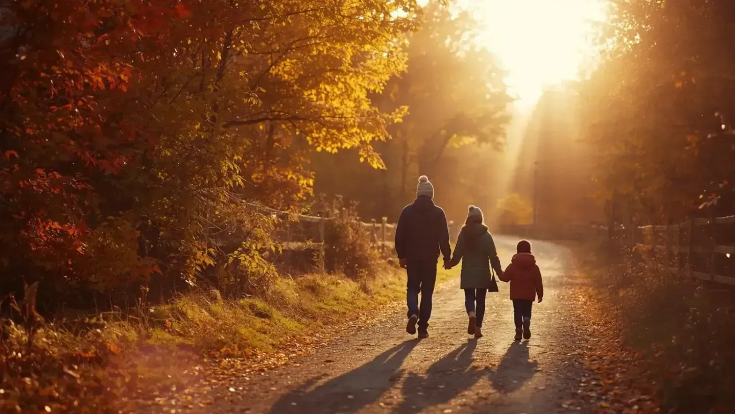 Family walking on a peaceful forest path during autumn sunrise, golden fall leaves and warm light