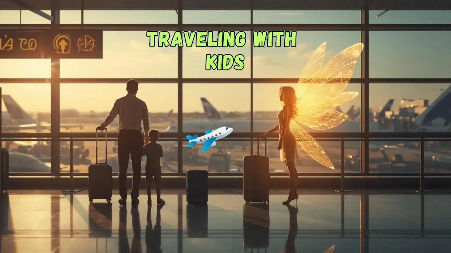 Family with luggage at airport during sunrise, traveling with kids stress free