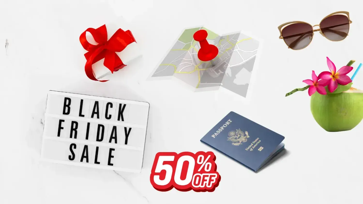 Black Friday travel sale graphic with passport, map, gift box and 50 percent discount sign