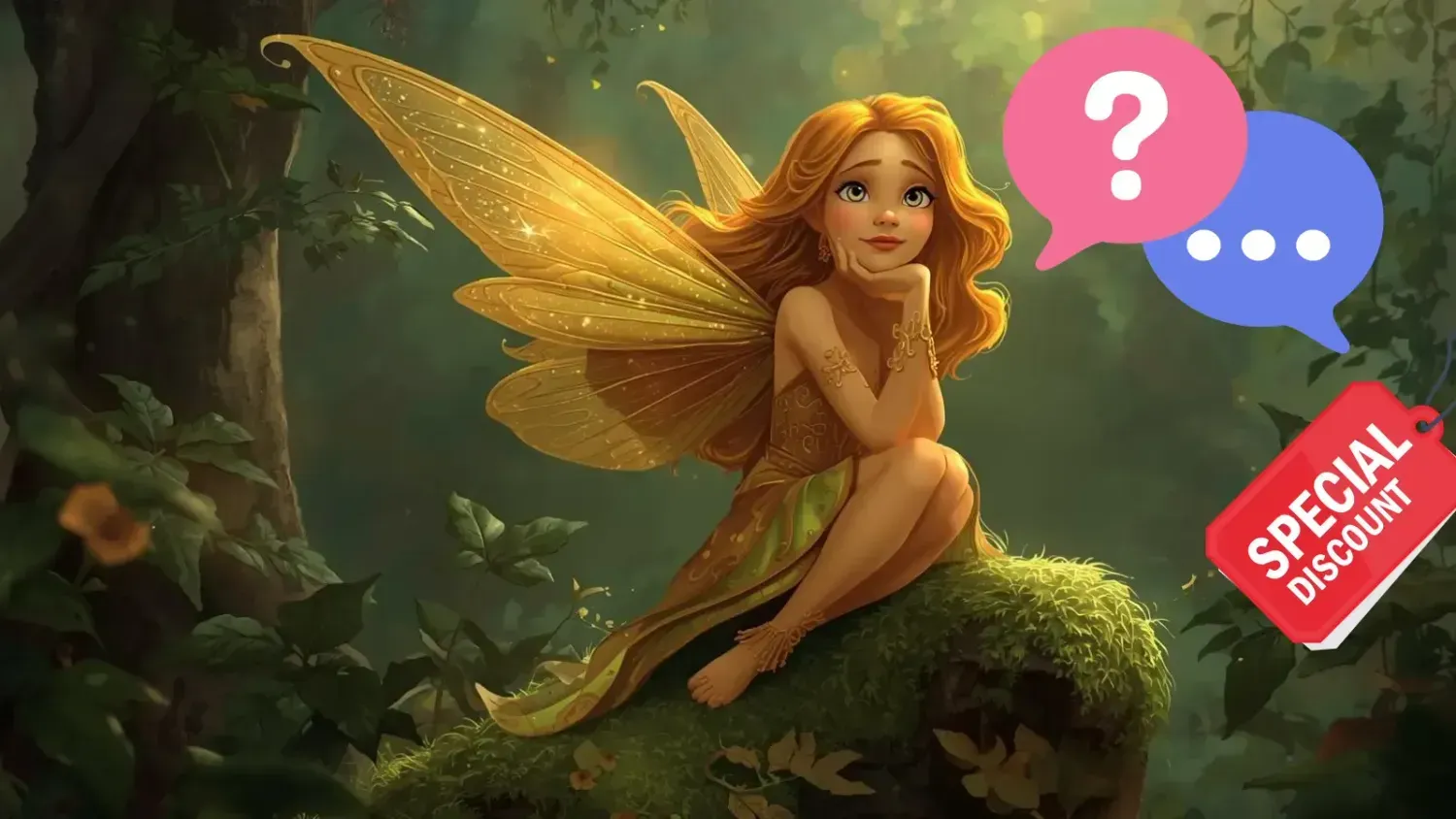 Golden fairy sitting in forest with special discount tag and question icons