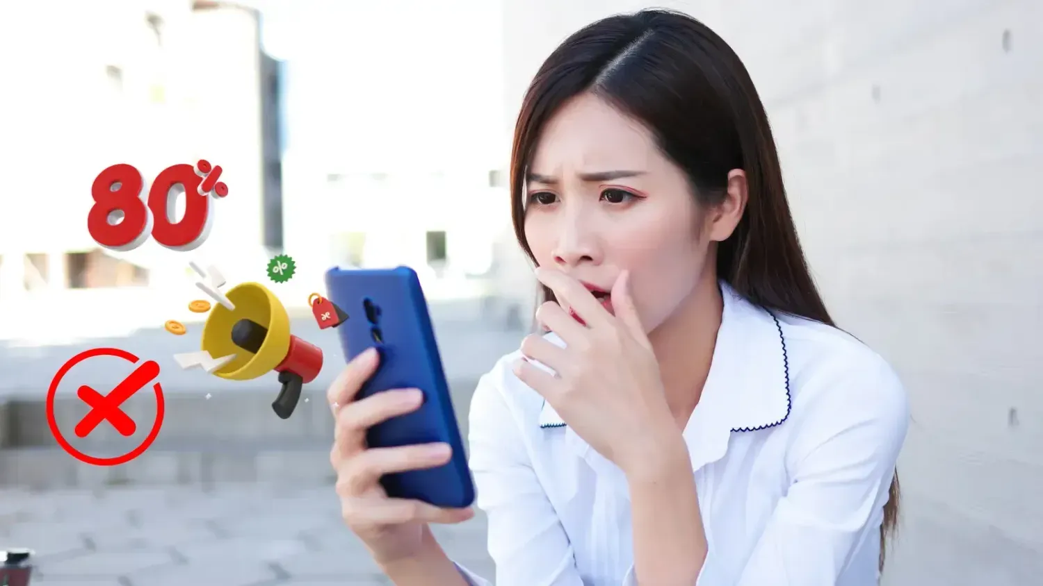 Woman looking shocked at phone with fake travel deal alerts and 80 percent discount icons