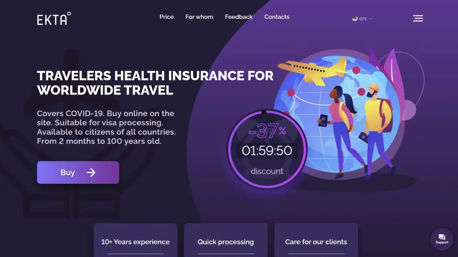 EKTA travelers health insurance banner with worldwide travel illustration and Black Friday discount timer