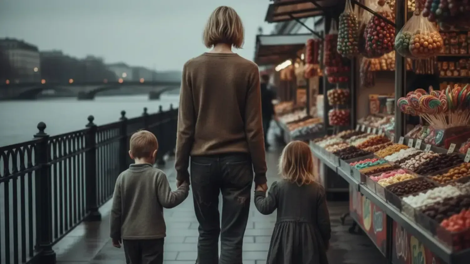 Mother walking with two small children, looking at candy stall, family freedom motivation