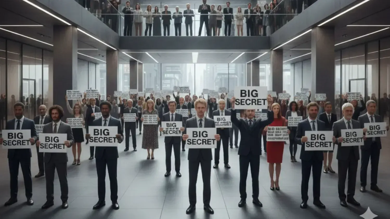Crowd of people holding 'BIG SECRET' signs in office building, ditching online business lies
