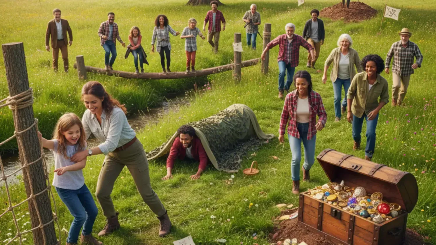 People on a grass field treasure hunt, finding a chest full of gold, entrepreneurial tools
