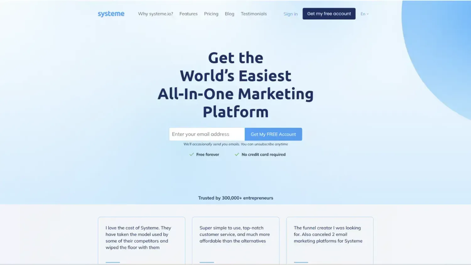 Systeme.io all-in-one marketing platform landing page, free account, easy setup