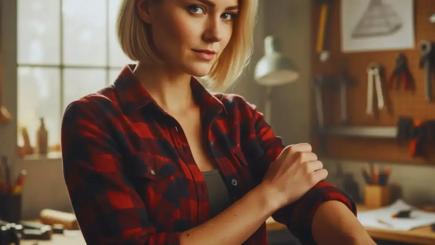 Confident woman rolling up red plaid shirt sleeves in workshop, step-by-step action plan