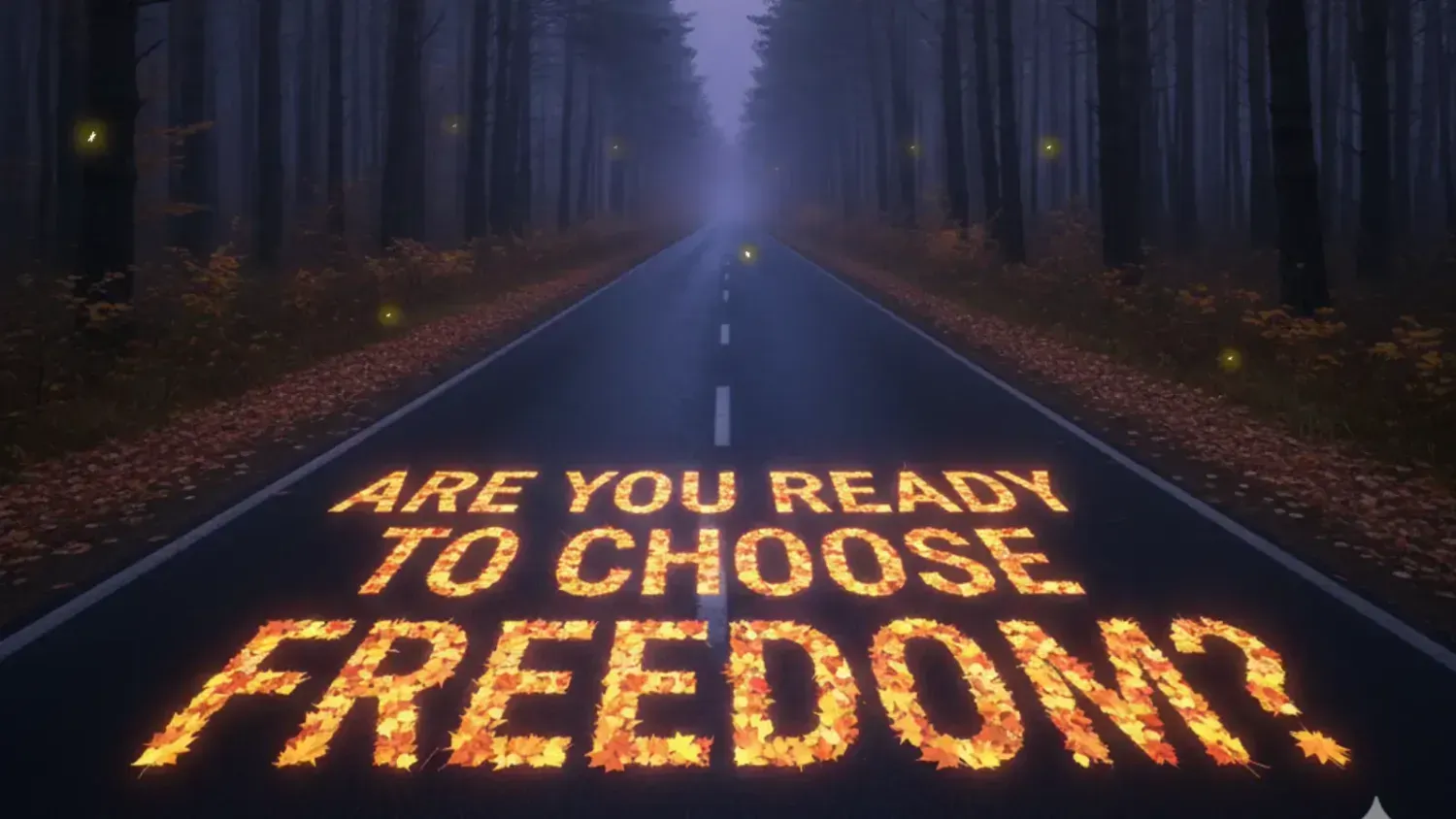 Dark forest road with 'ARE YOU READY TO CHOOSE FREEDOM?' written in glowing leaves, digital freedom lifestyle