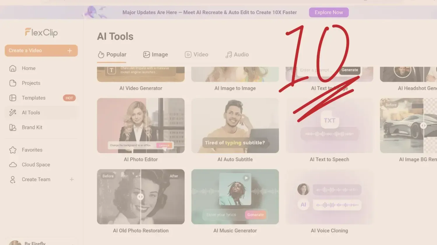 FlexClip AI tools dashboard screenshot with a 10 out of 10 rating mark