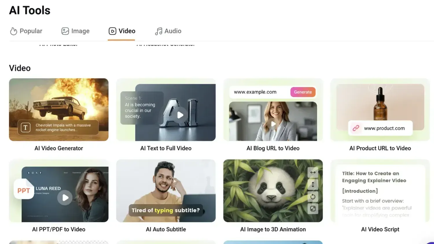 FlexClip AI tools overview showing video, image and audio features inside the platform