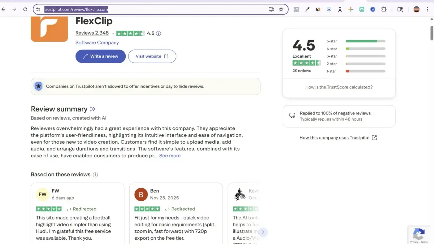 FlexClip TrustPilot reviews page displaying 4.5 star rating and customer feedback summary