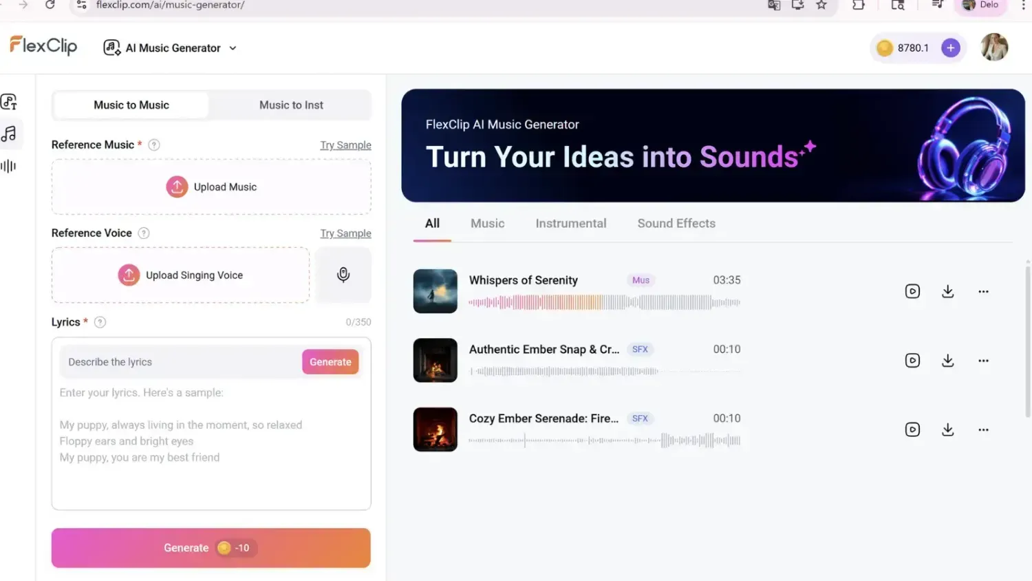 FlexClip AI music generator interface showing upload options and generated audio tracks