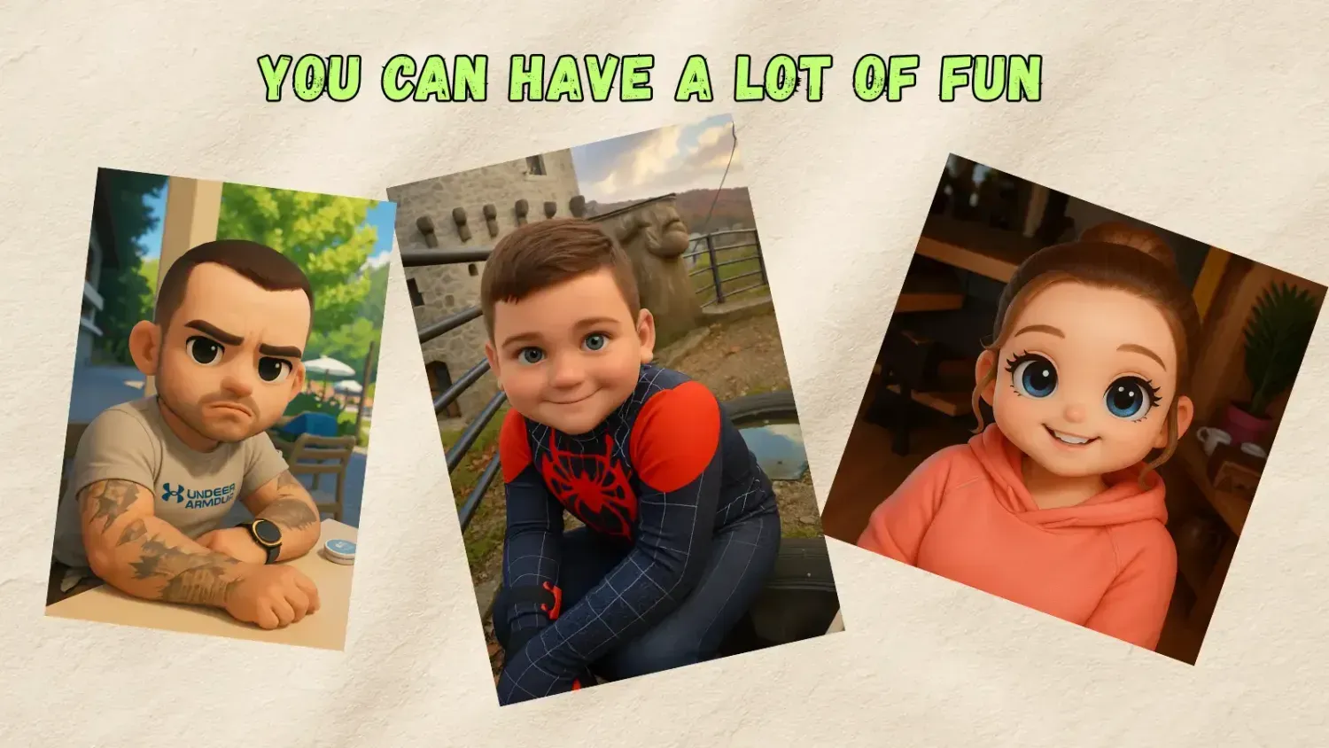 Three AI-generated cartoon characters displayed as playful examples of creative fun using FlexClip