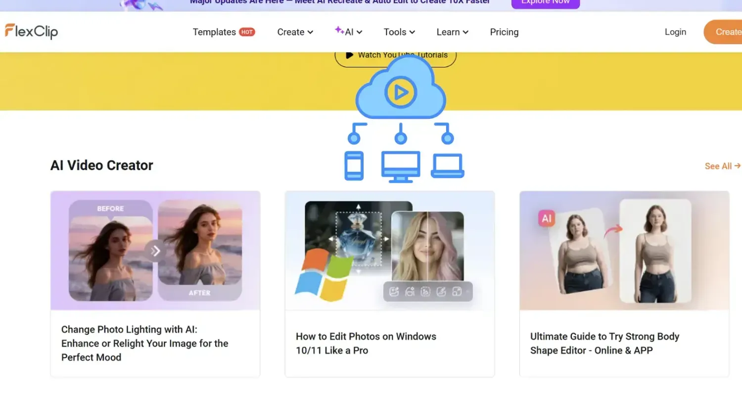 FlexClip cloud media system showing how projects sync across phone, computer and tablet