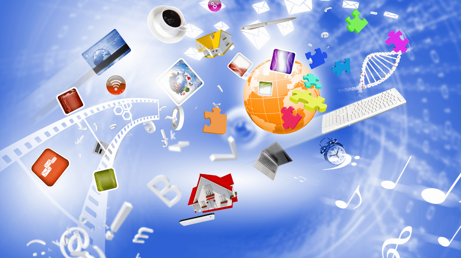 Digital products and online business tools shown as icons around a laptop and creative workspace