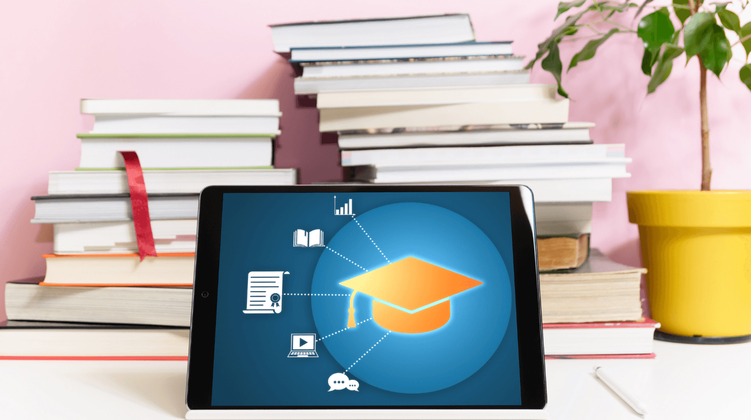 Online course and webinar setup with digital learning screen and books
