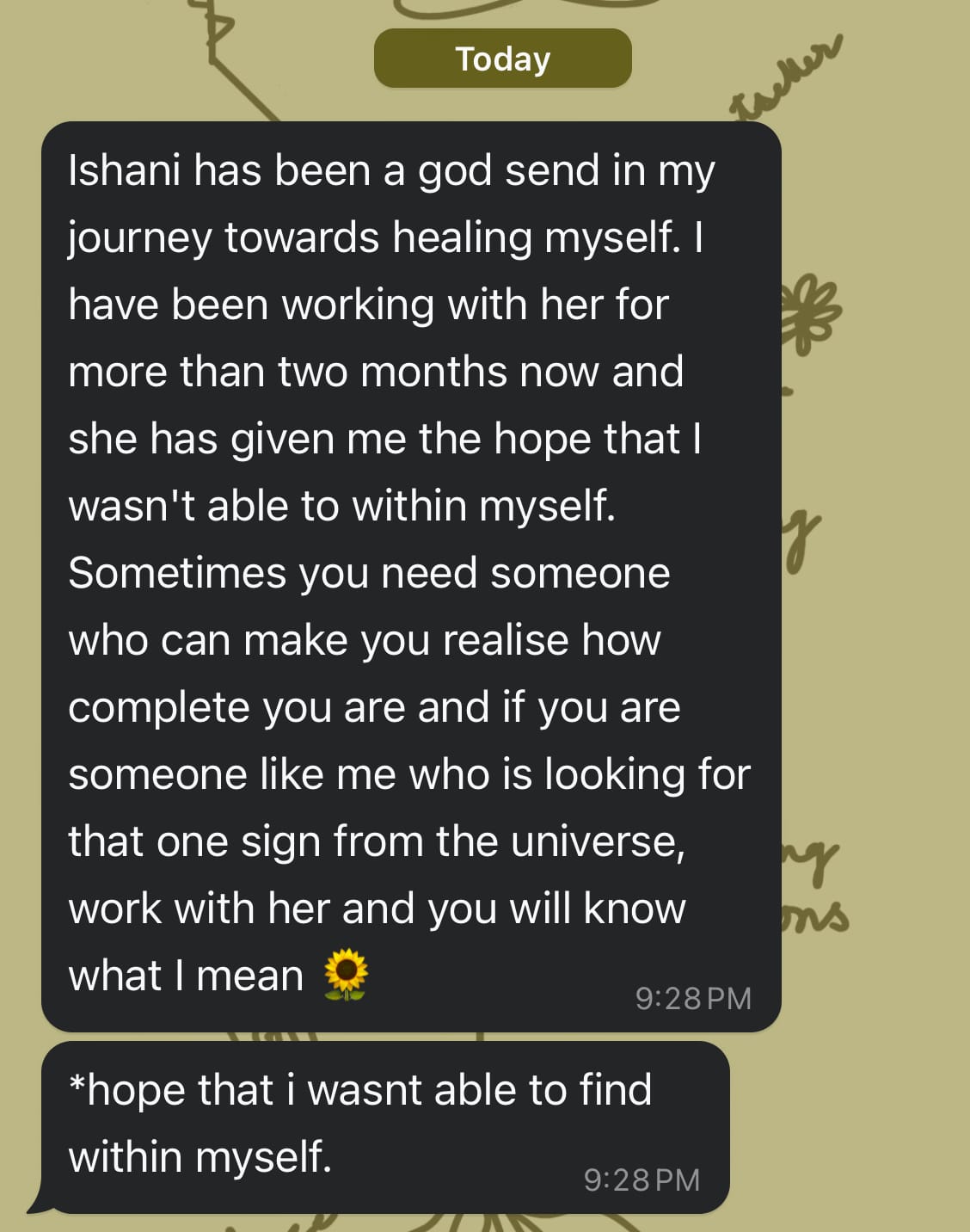 Client message about working with Ishani