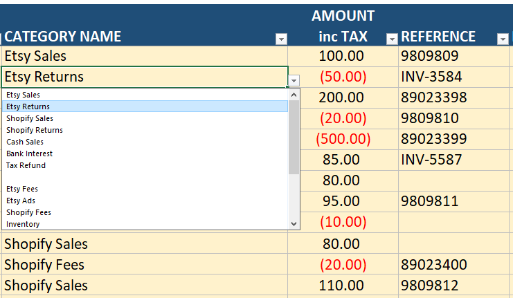 drop down usa bookkeeping template