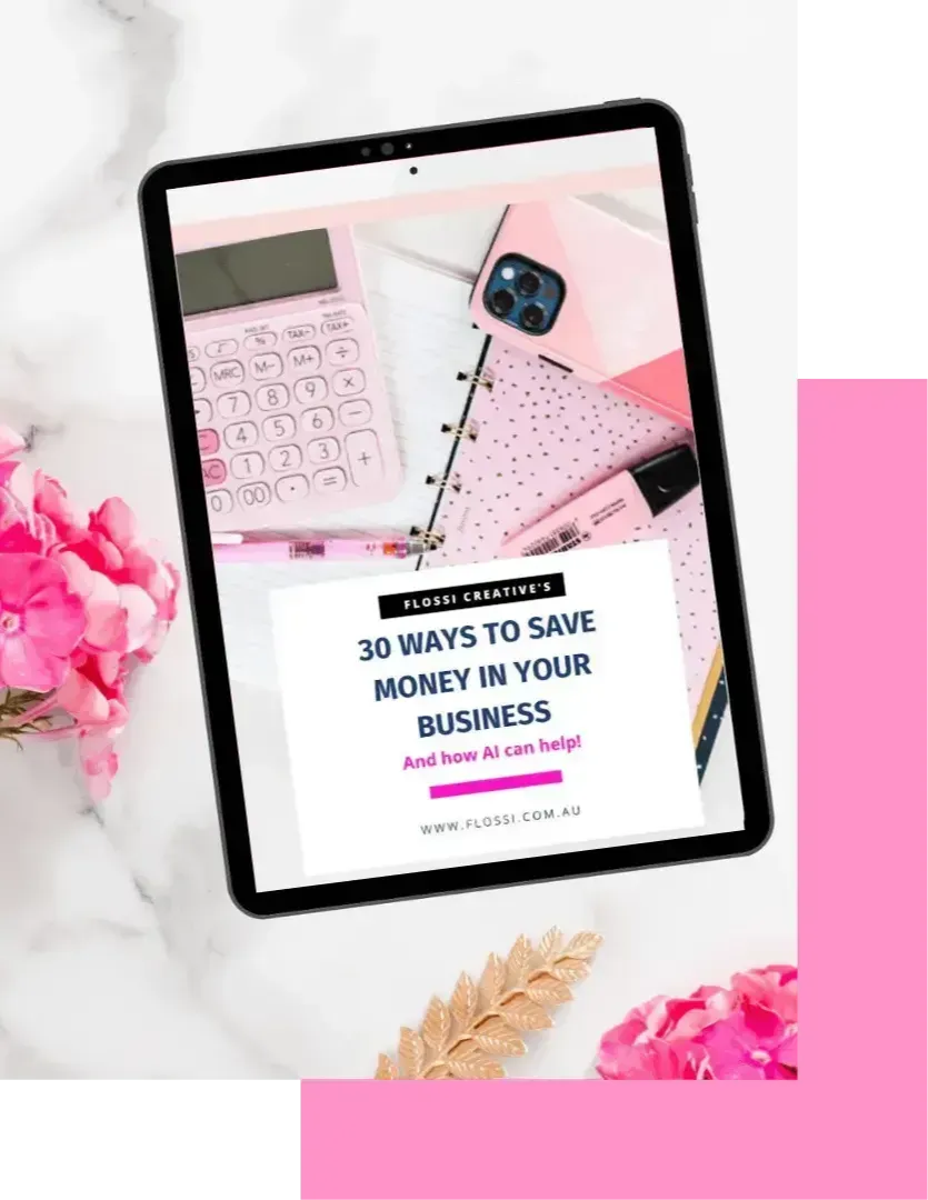 Graphic of calculator and notebook on a tablet device on a pink and floral background	