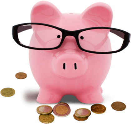 Pink piggy bank with coins scattered around	