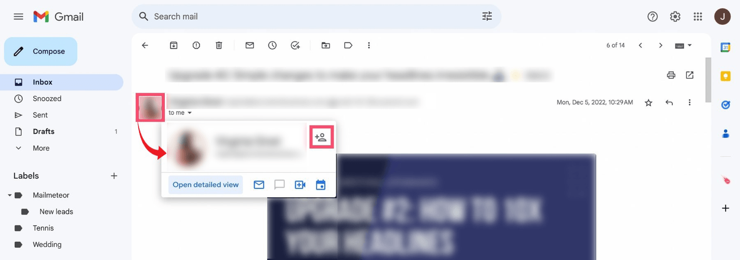 Exemple, ajouter l&rsquo;adresse email de Céline à vos contacts favoris dans votre boîte mail
