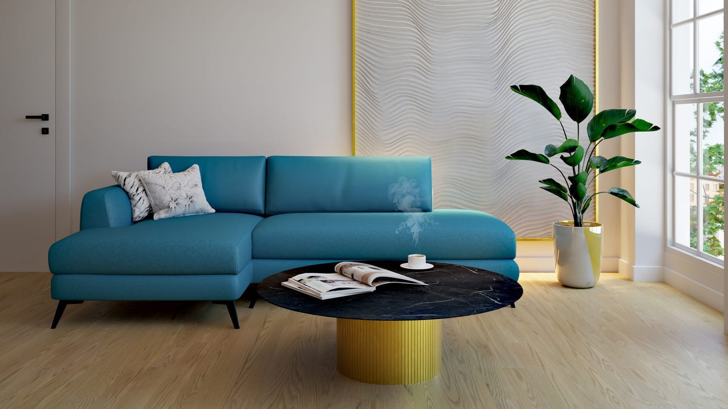 Salon moderne avec une grande ouverture
