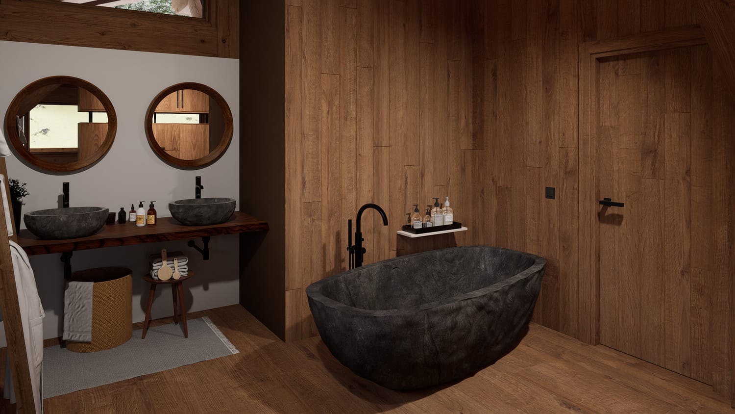 Salle de bain avec baignoire en pierre